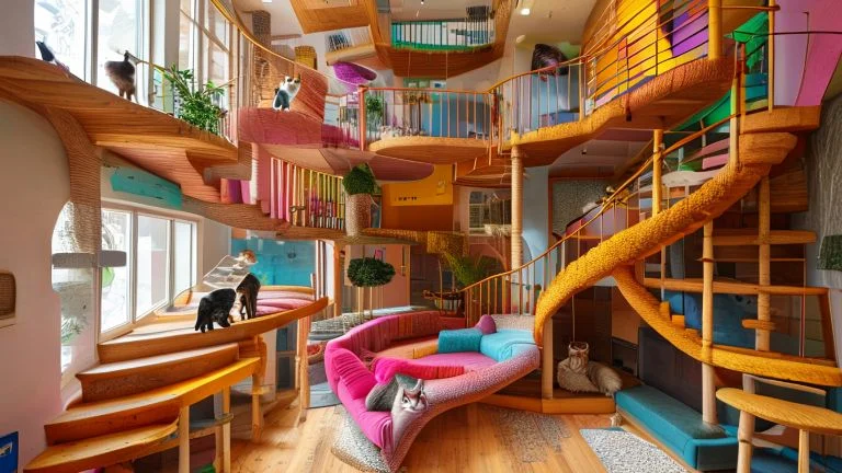 Escadas Divertidas: Gatos Ativos em Sobrados